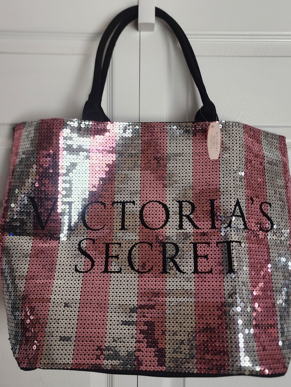 Victoria's Secret Sequined Weekender Tote Bag Pink Silver Striped Bling Y2K, NWT